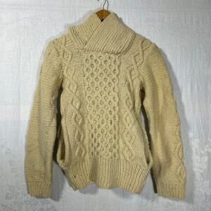 Handmade Vintage Sweater Small Beige Hooded Cable Chunky Knit Pockets